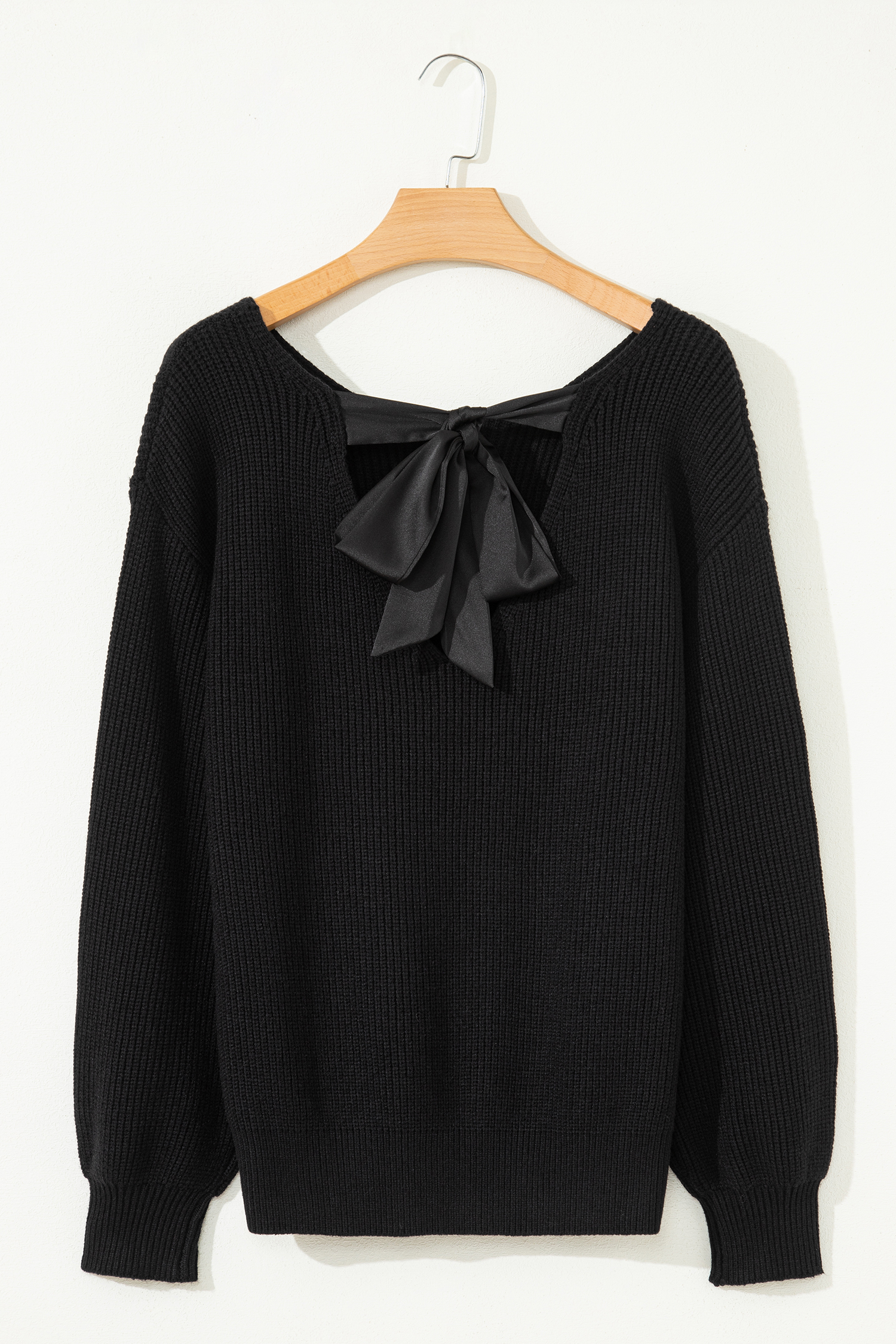 Black Ribbed Knit Ribbon Knot Backless Drop Shoulder Sweater