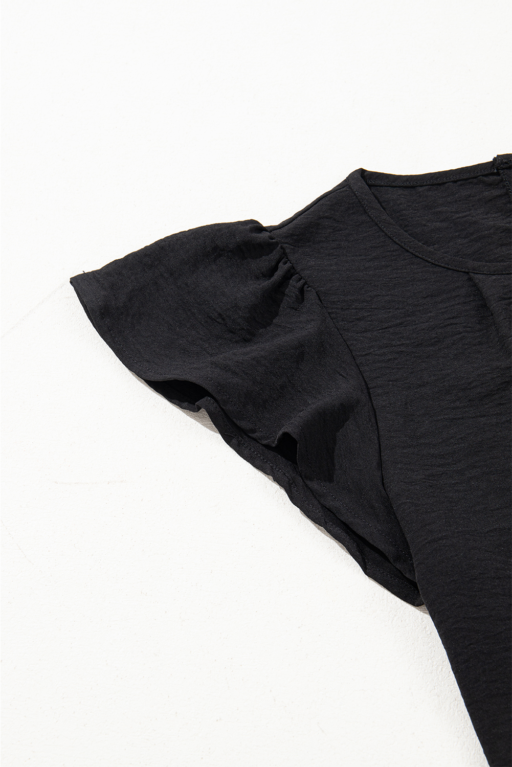 Black Flounce Sleeve Pleated Textured Blouse