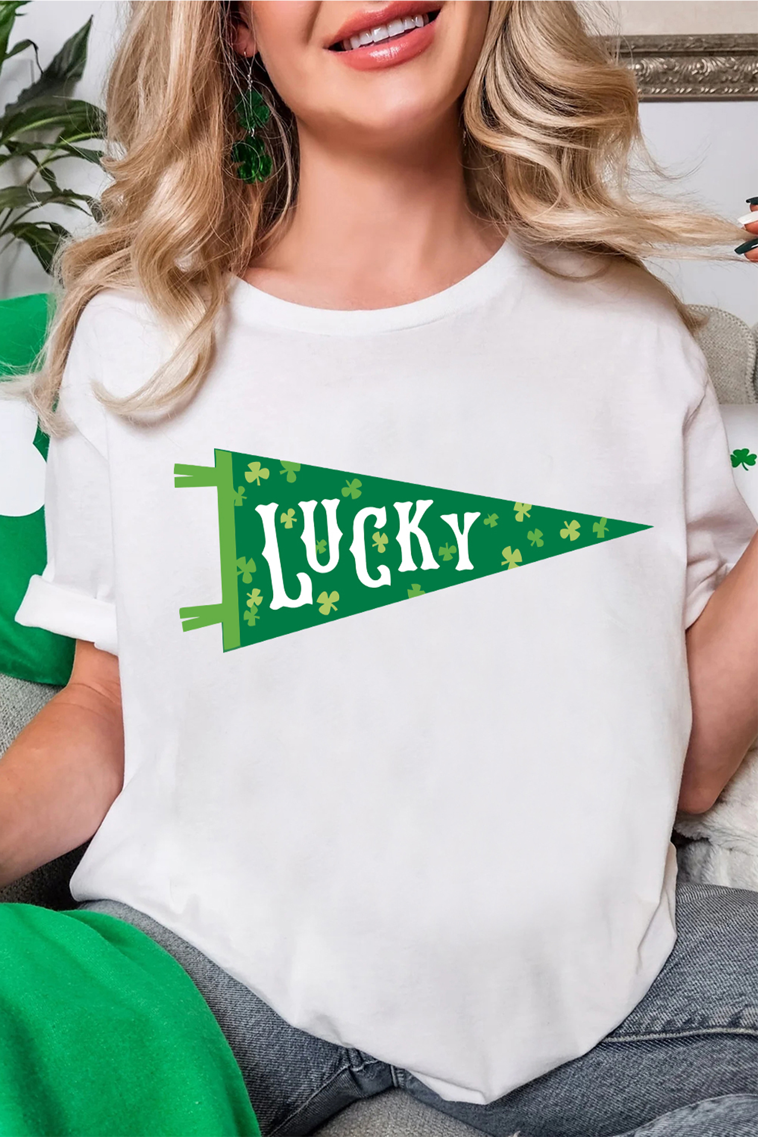 White LUCKY Clover Pennant St Patricks Day T Shirt