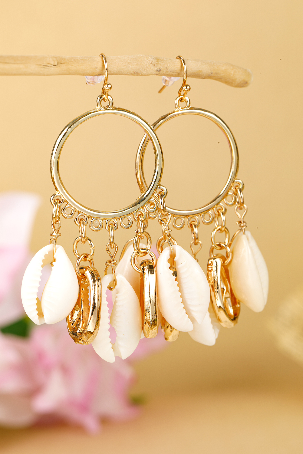 Gold Seashell Charm Hoop Dangle Earrings