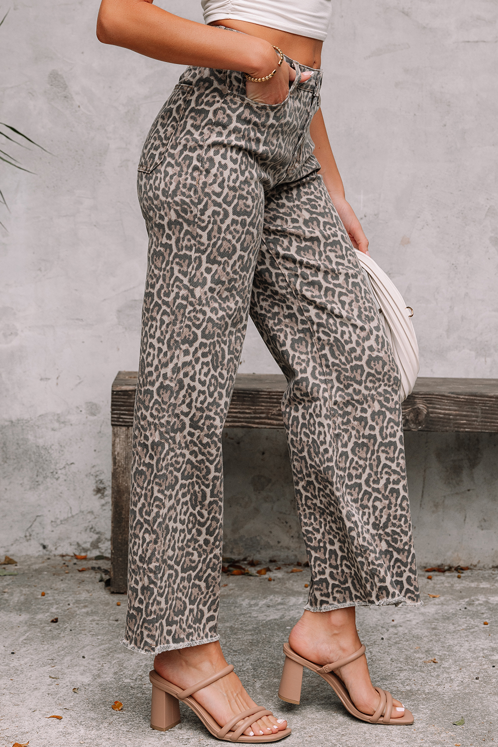 Rose Leopard Frayed Edge Wide Leg High Waist Jeans