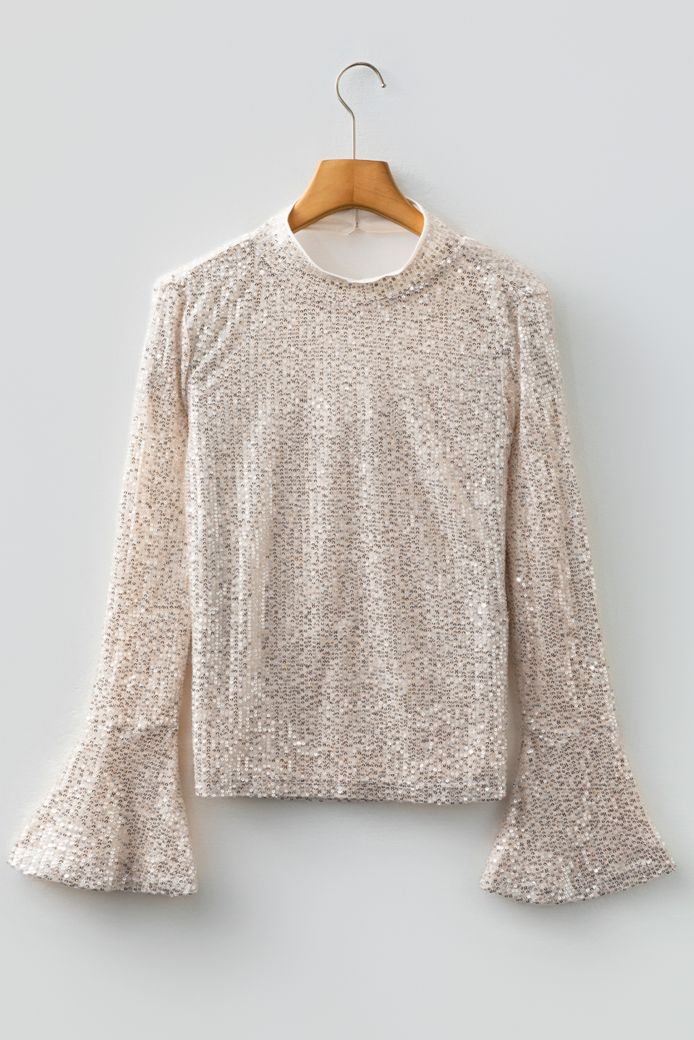Jet Stream Sequin Mock Neck Drape Open Back Bell Sleeve Top