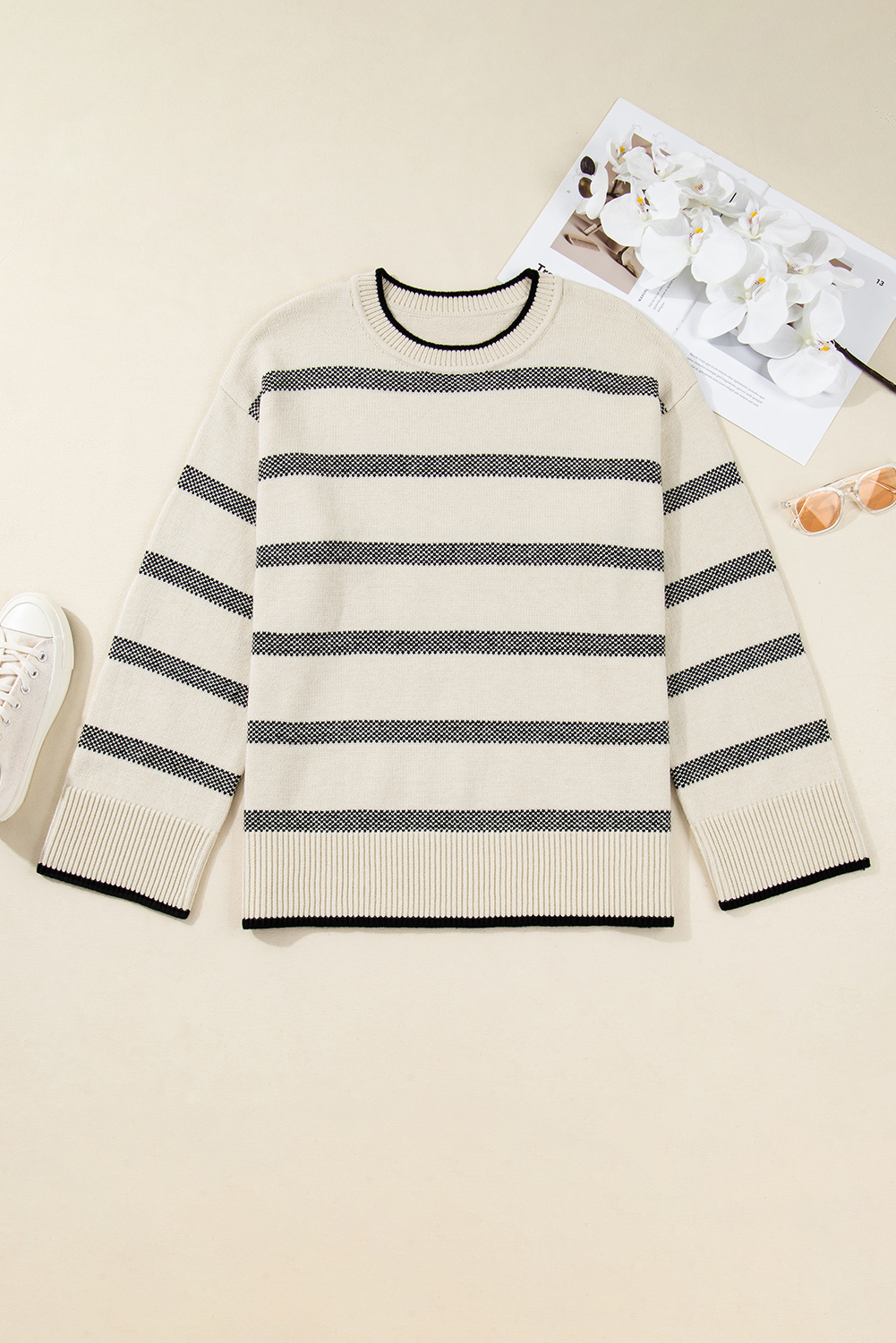 Apricot Stripe Wide Sleeve Drop Shoulder Crew Neck Plus Sweater