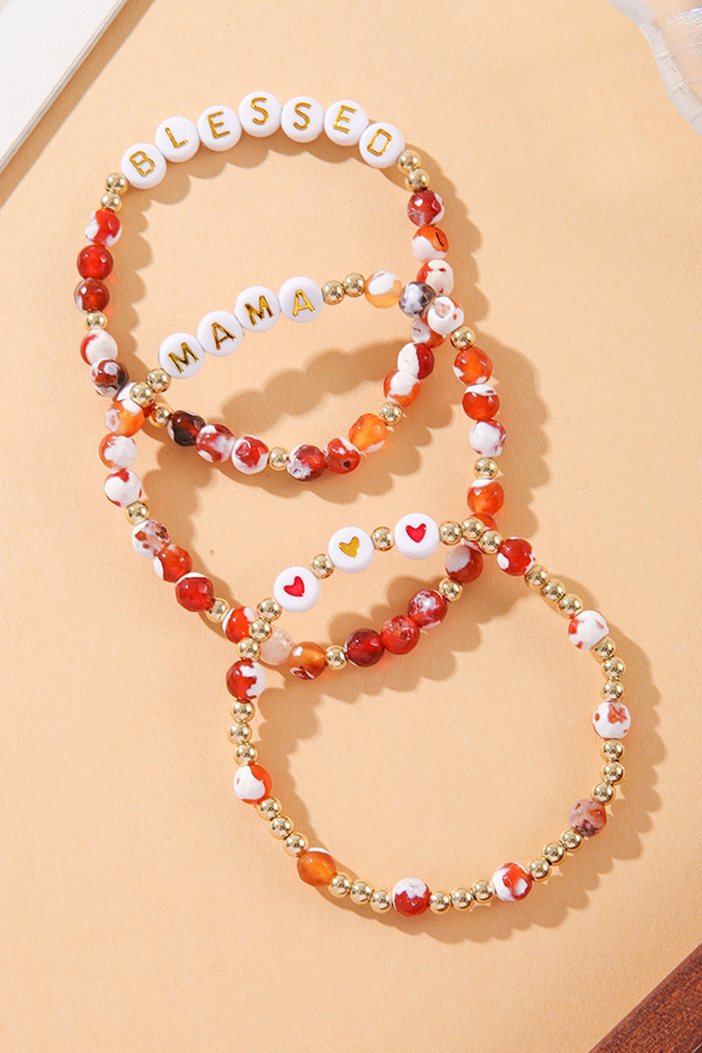 Gold MAMA Beaded Triple Layer Bracelet Set