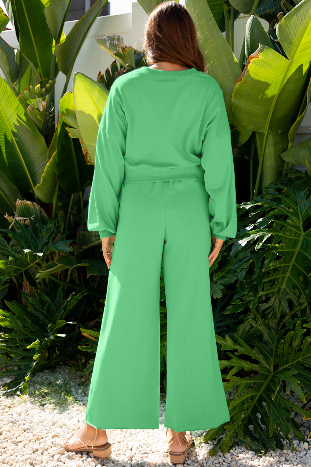 Bright Green Drop Shoulder Puff Sleeve Crop Pullover Drawstring Wide Leg Pants Set