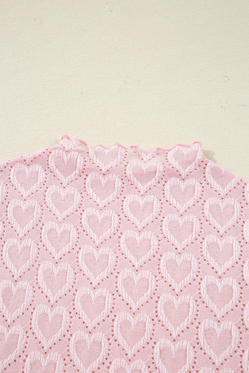 Gossamer Pink Heart Jacquard Flare Sleeve Mock Neck Fitted Top