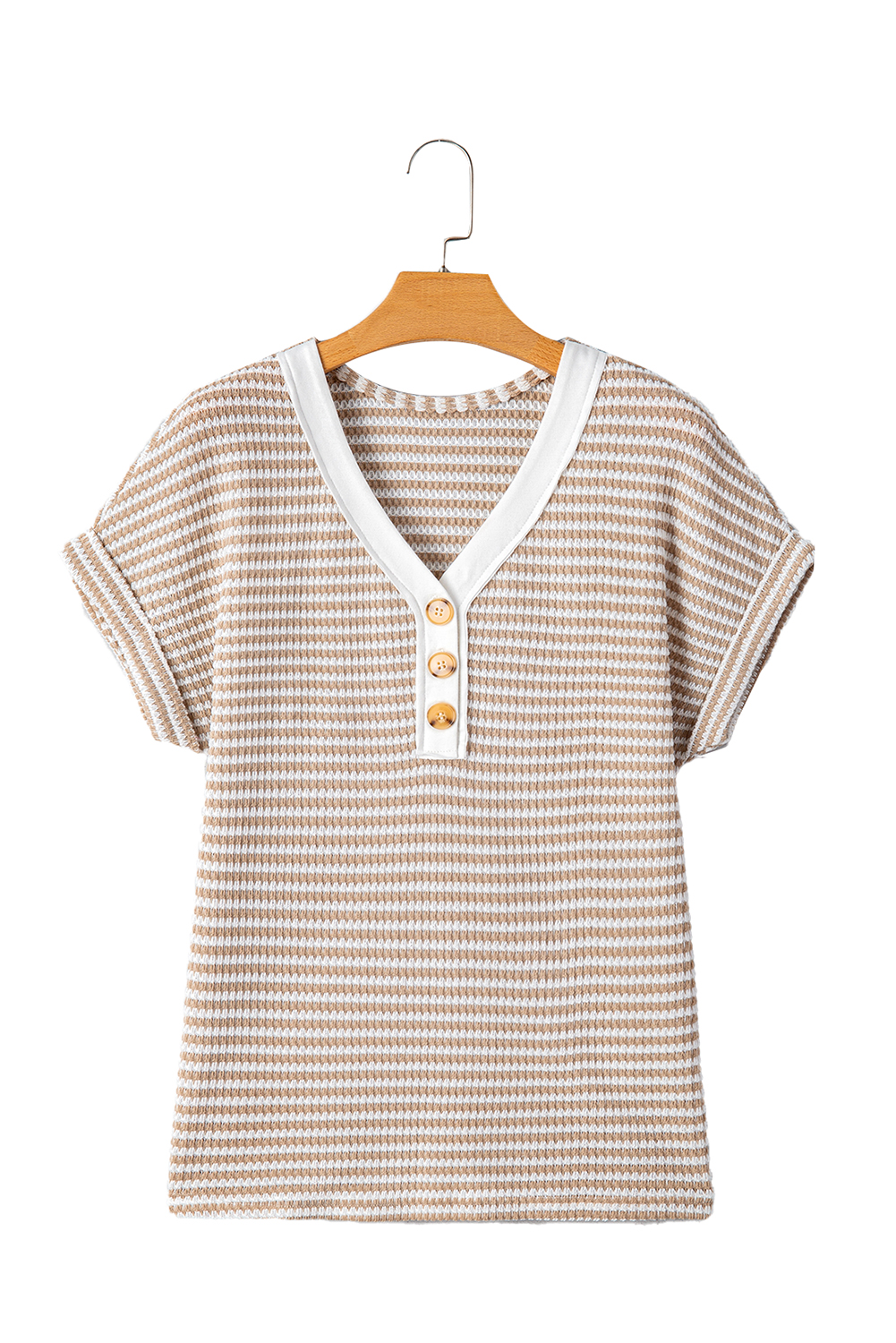 Khaki Stripe Buttoned Front V Neck Knitted T Shirt