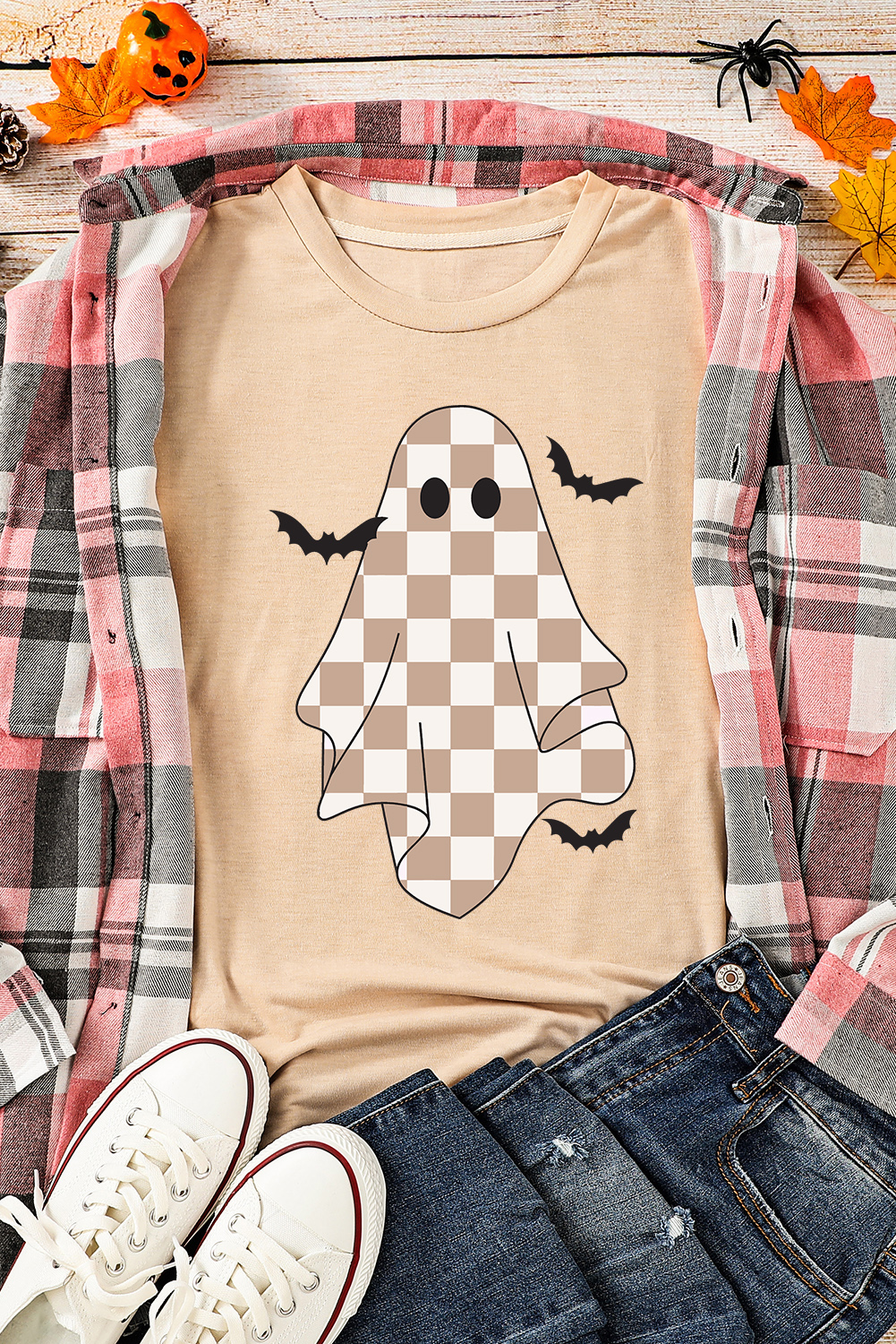 Khaki Ghost Bat Halloween Holiday Graphic Tee