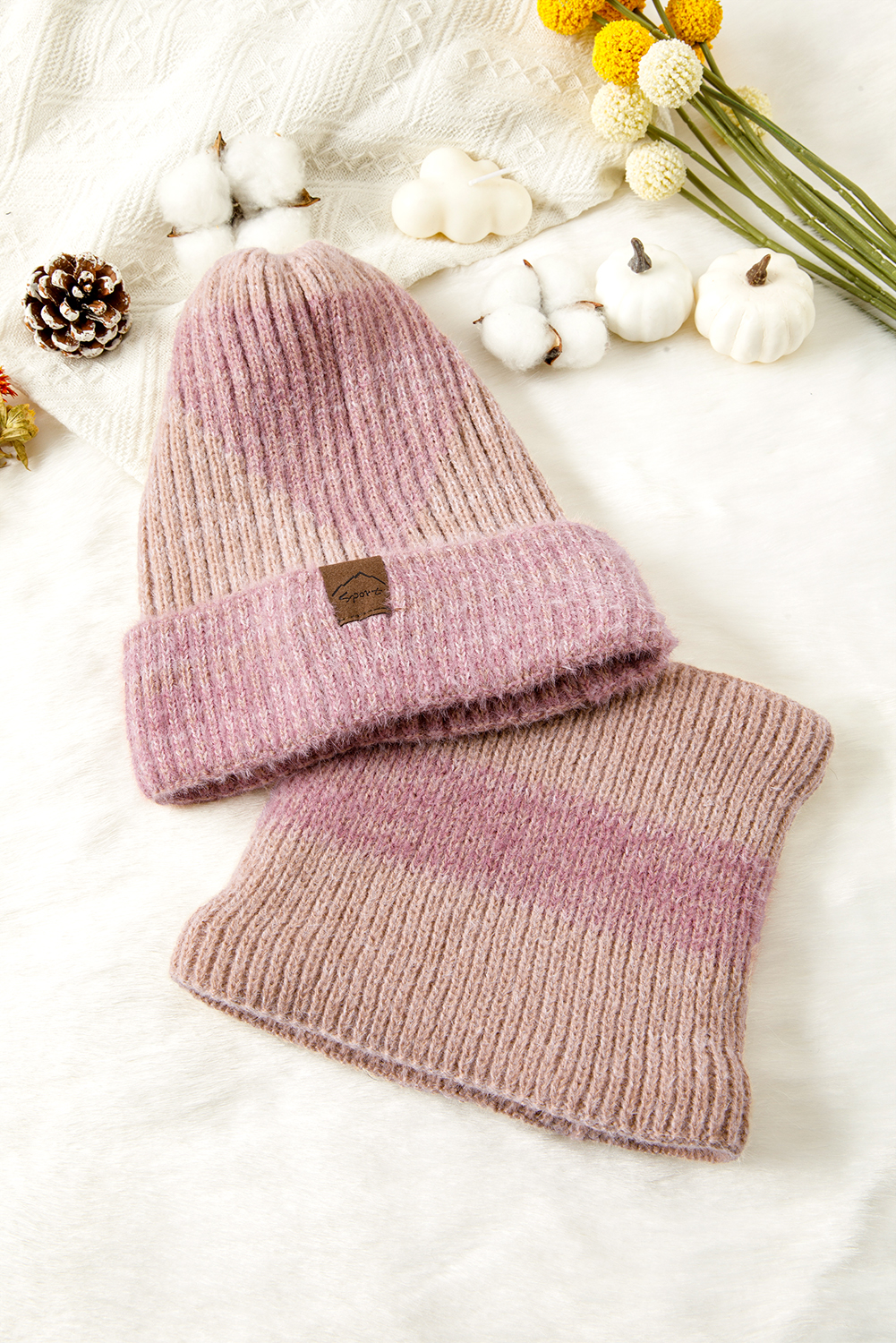 Peach Blossom Cozy Sherpa Liner Stylish Knitted Beanie and Scarf Set