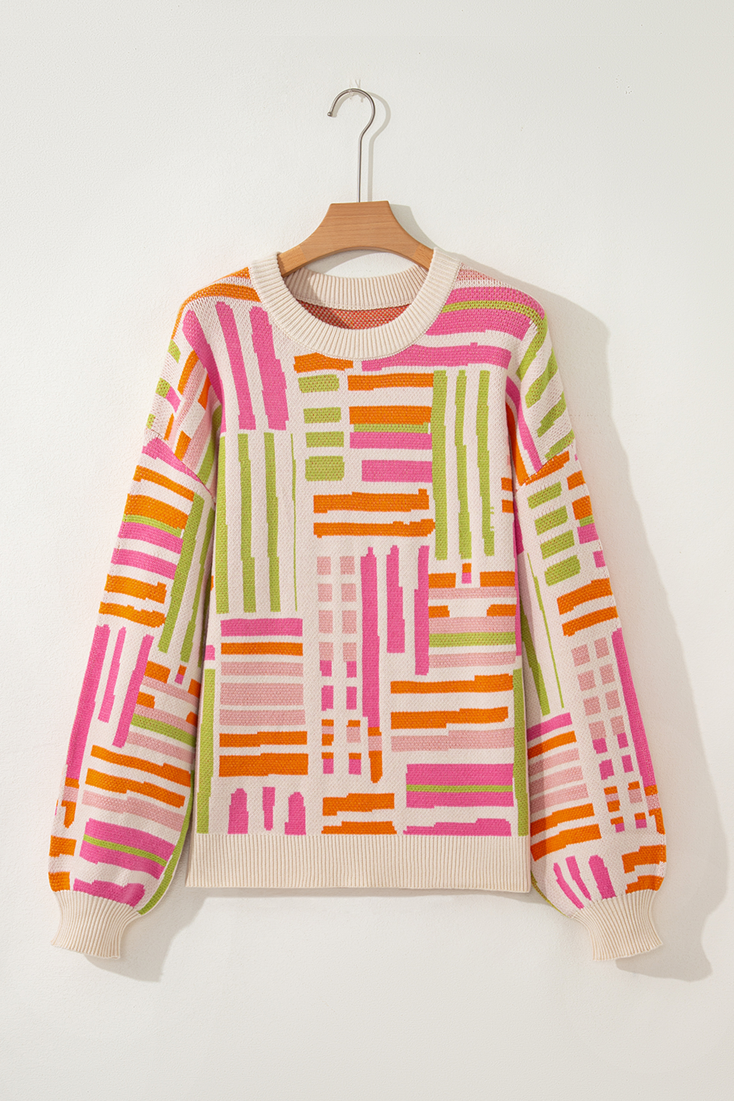 Rose Love Lines Pattern Crew Neck Puff Sleeve Sweater