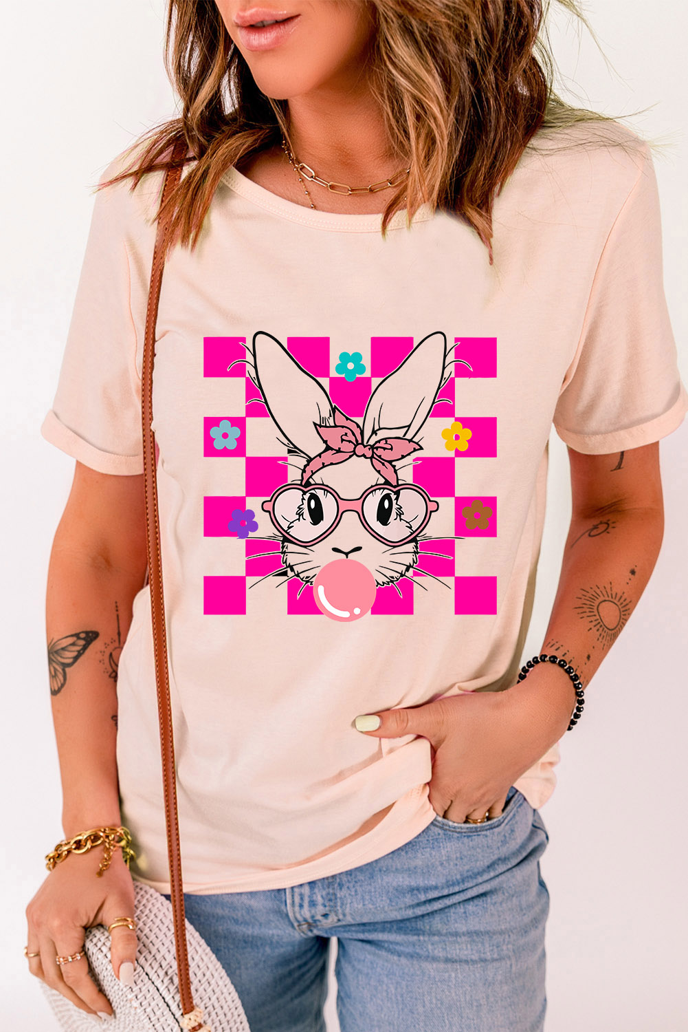 White Rabbit Bow Knot Print Crew Neck T Shirt