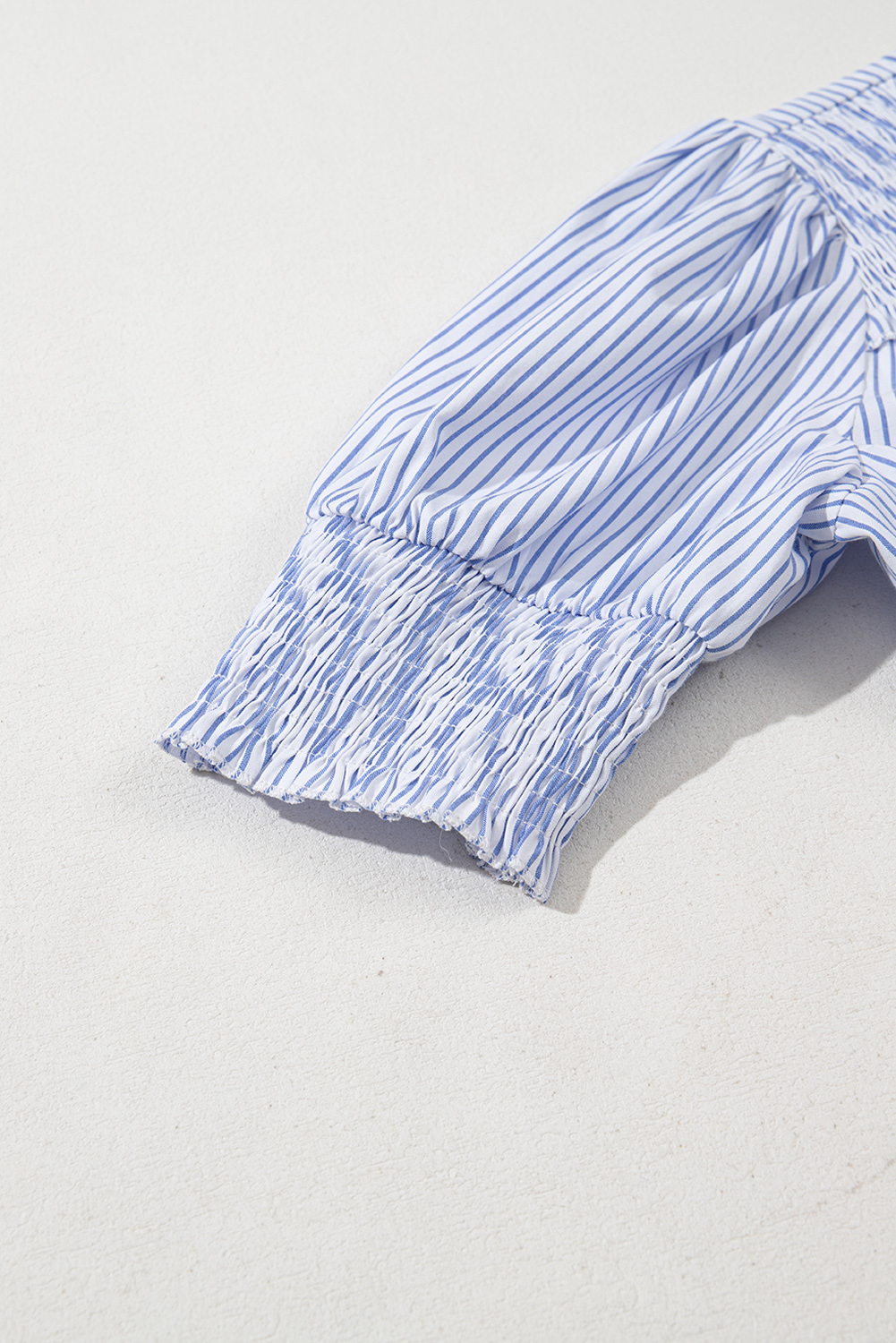 Gray Stripe Shirred Detail V Neck Puff Half Sleeve V Neck Blouse