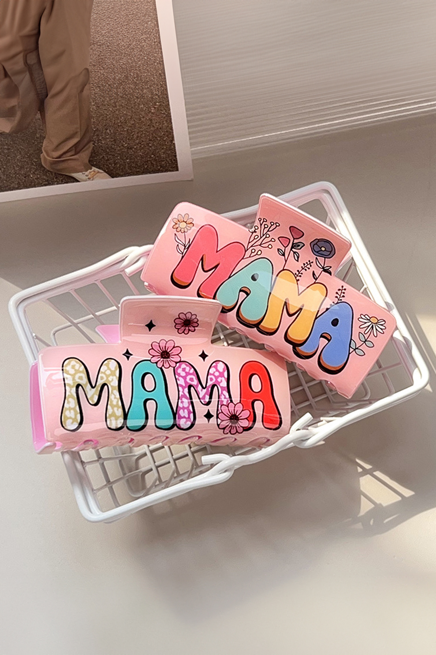 Pink MAMA Flower Printed Acrylic Large Square Hair Claw Clip