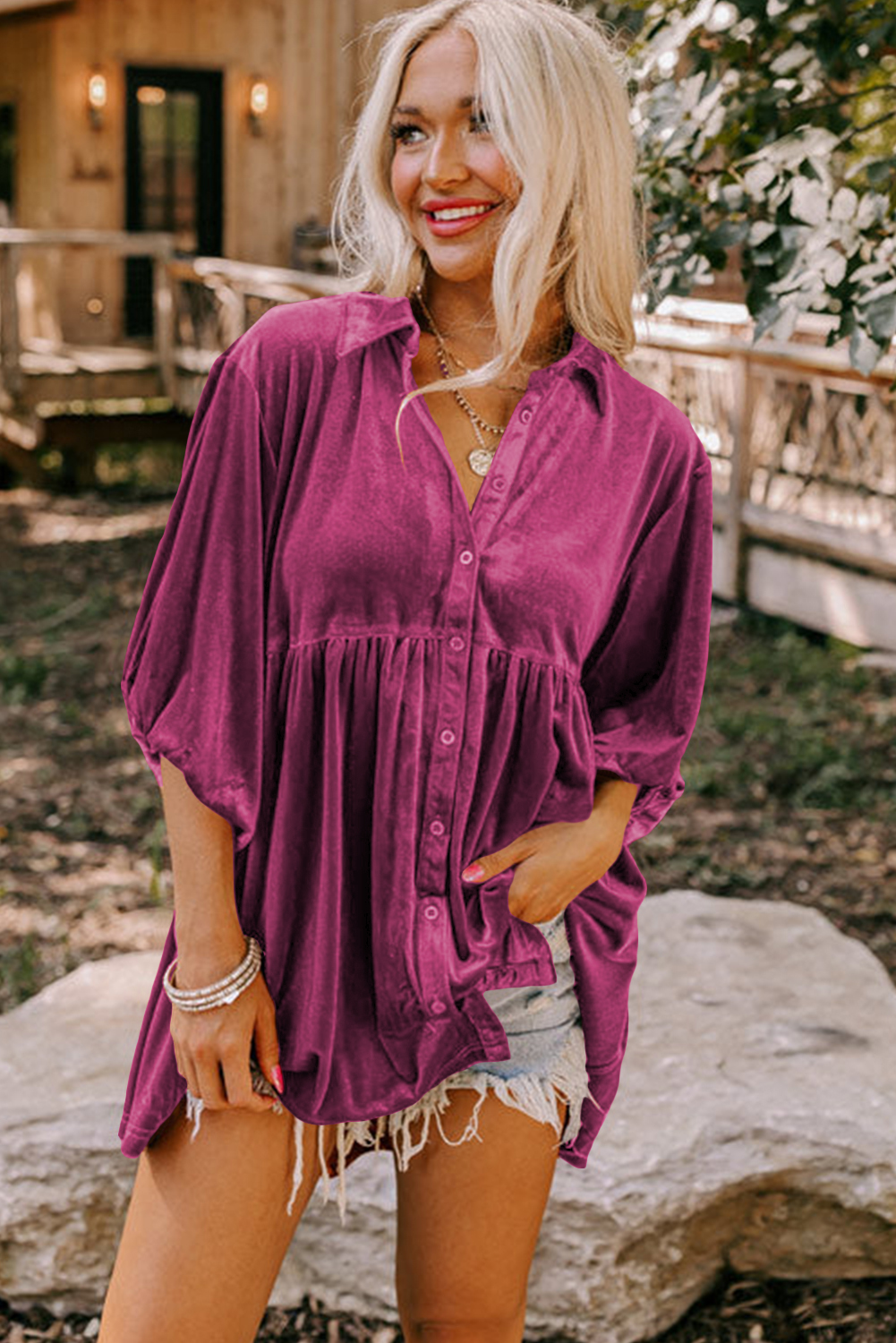 Burgundy 3/4 Sleeve Tunic Babydoll Velvet Shirt