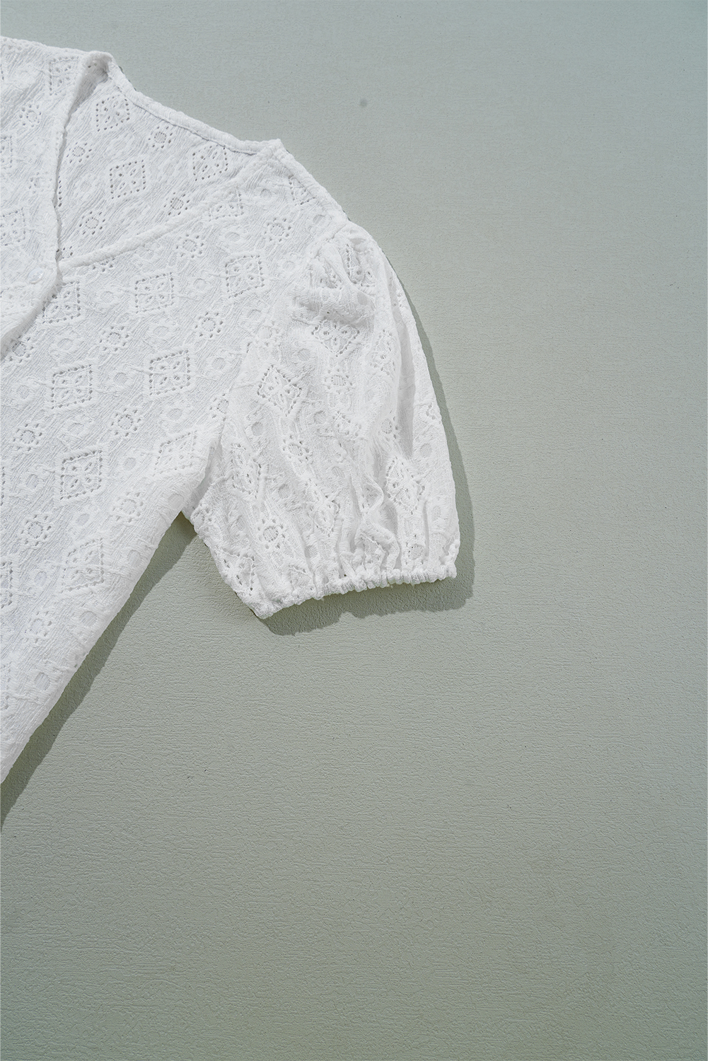White Lace Puff Sleeve V Neck Button Up Shirt