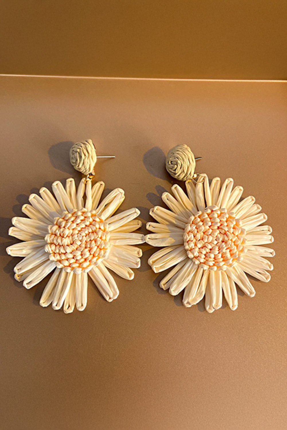 White Boho Raffia Crochet Sunflower Dangle Earrings