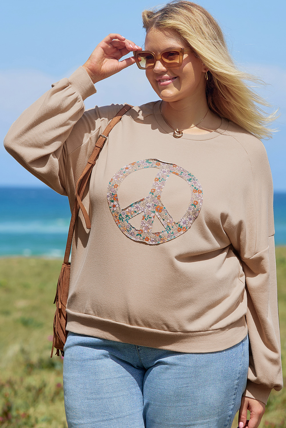 Beige Flower Patch Graphic Exposed Seam Wide Sleeve Top