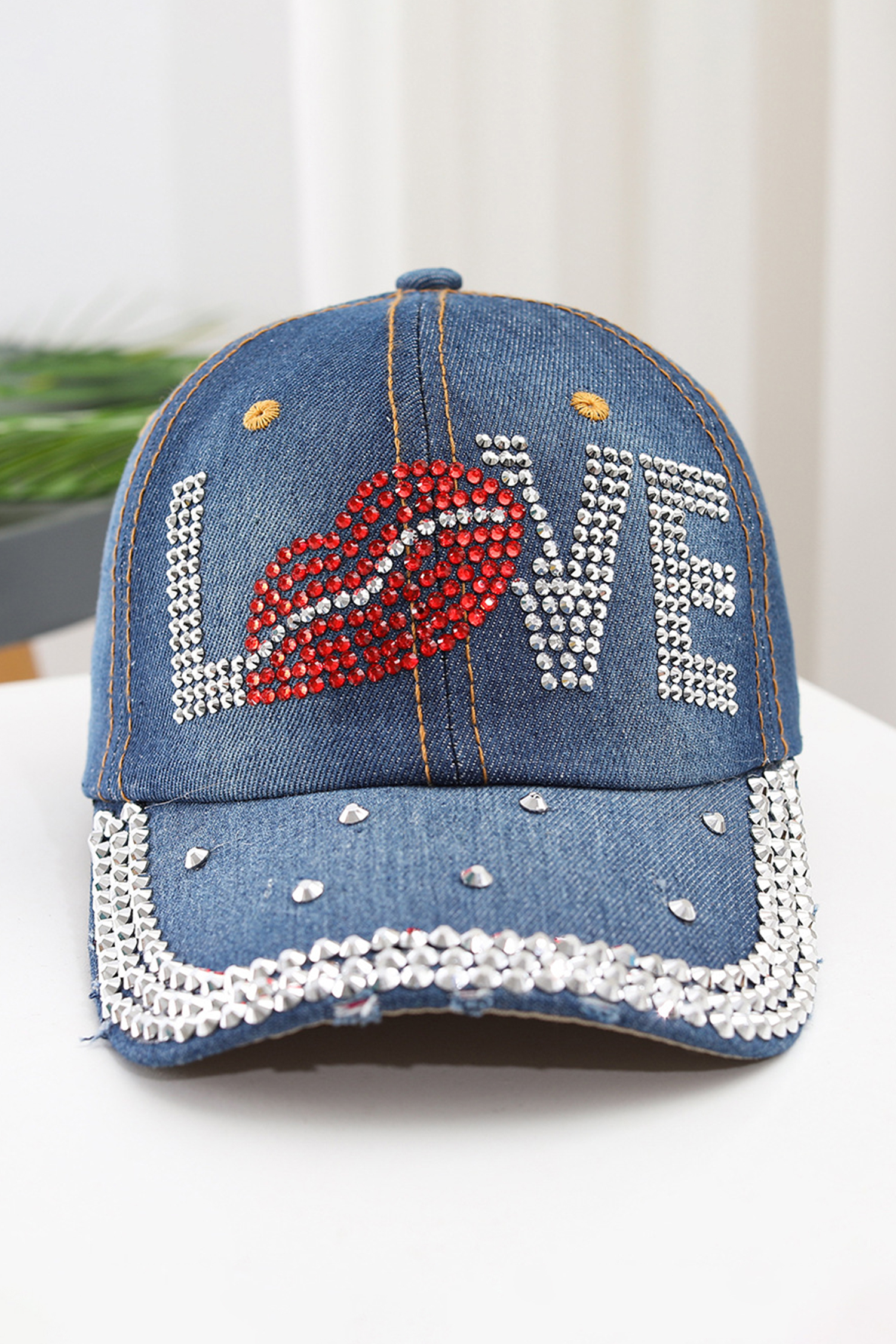 Ashleigh Blue Rhinestone Embellished LOVE Lip Denim Baseball Cap