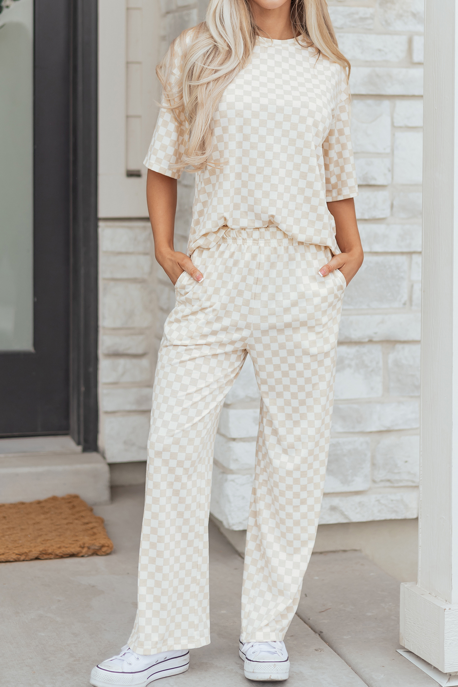 Khaki Checkered Print Half Sleeve Tee 2pcs Lounge Pant Set