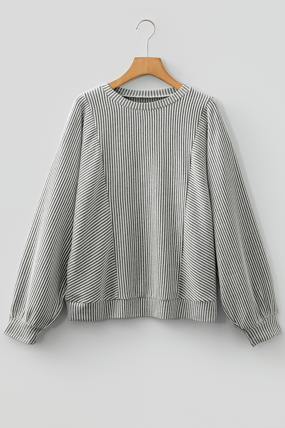 Gray Ribbed Knit Round Neck Long Lantern Sleeve Top
