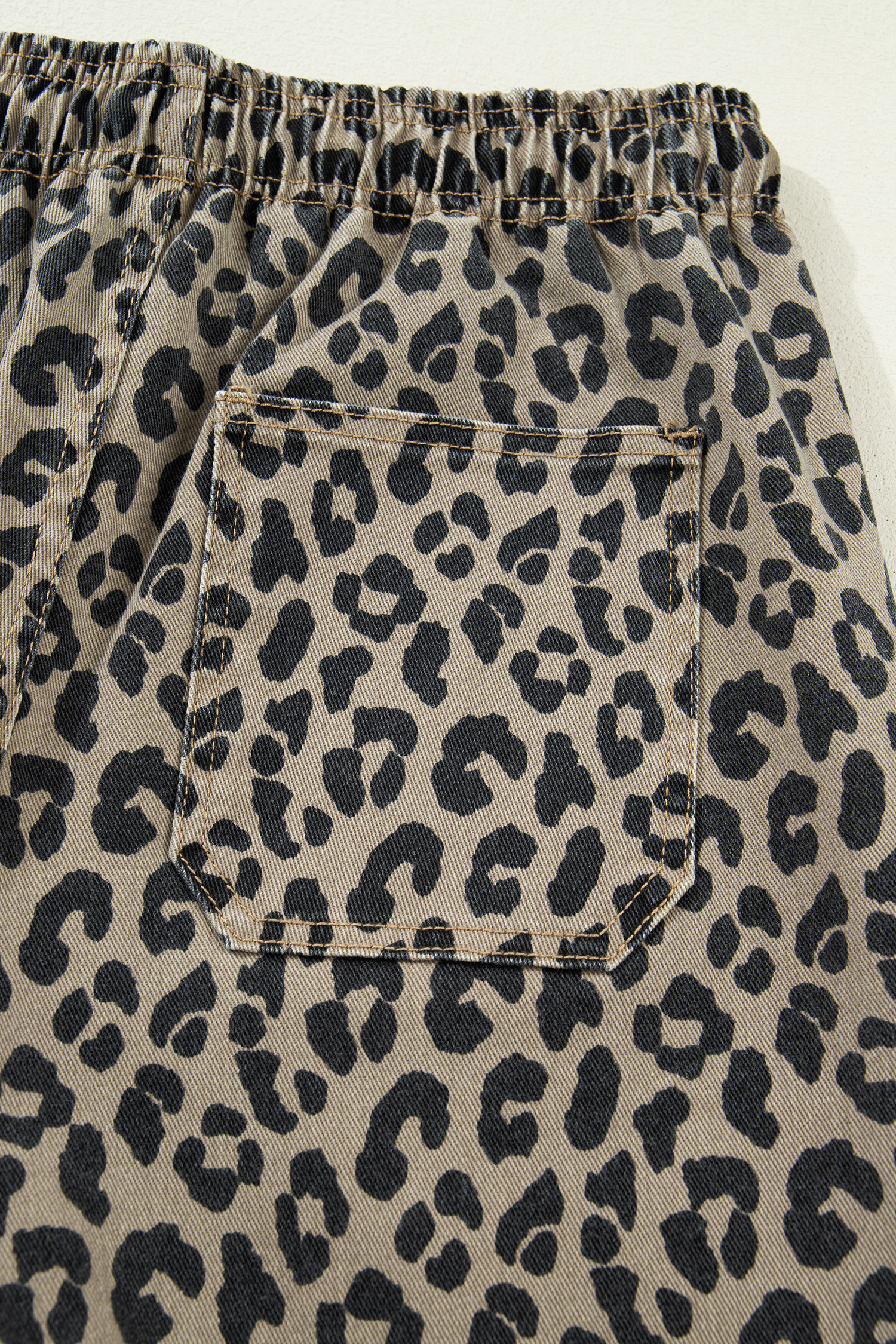 Khaki Leopard Print Drawstring Elastic Waist Loose Denim Pants with Pockets