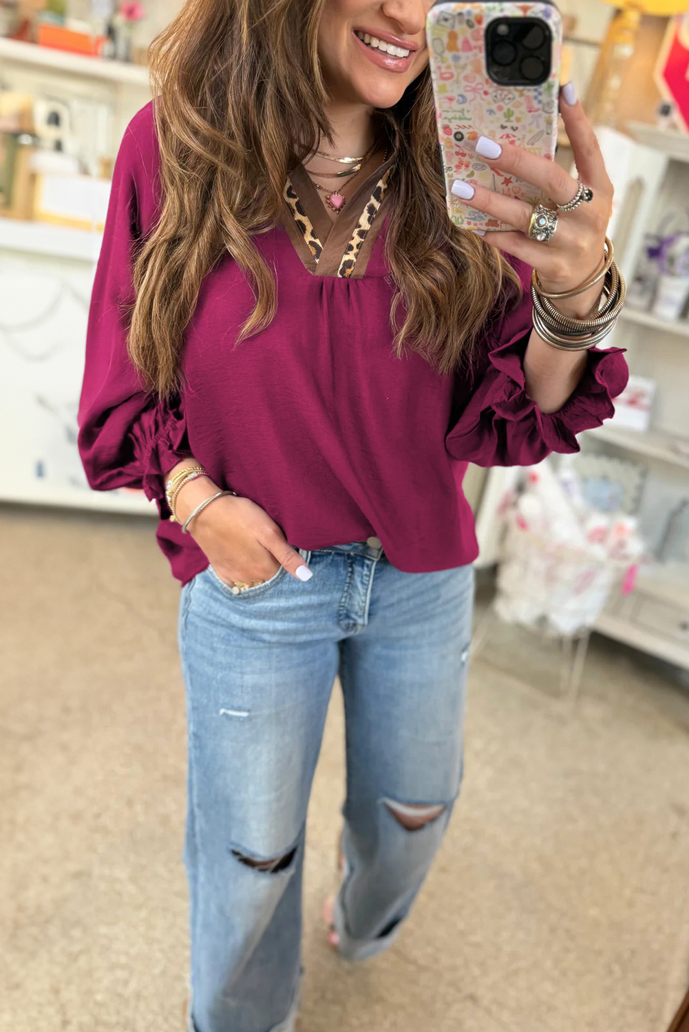 Dirty blue Leopard Trim V Neck Flounced Bracelet Sleeve Blouse