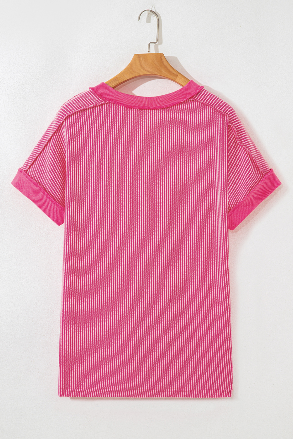 Rose Red Twisted Ribbed Knit V Neck Casual Tee