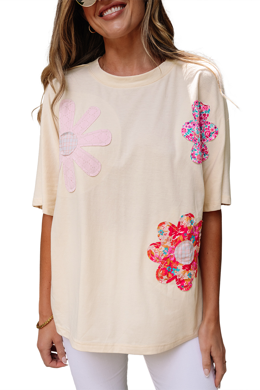 Apricot Flower Patched Exposed Stitching Trim Crew Neck Loose Tee