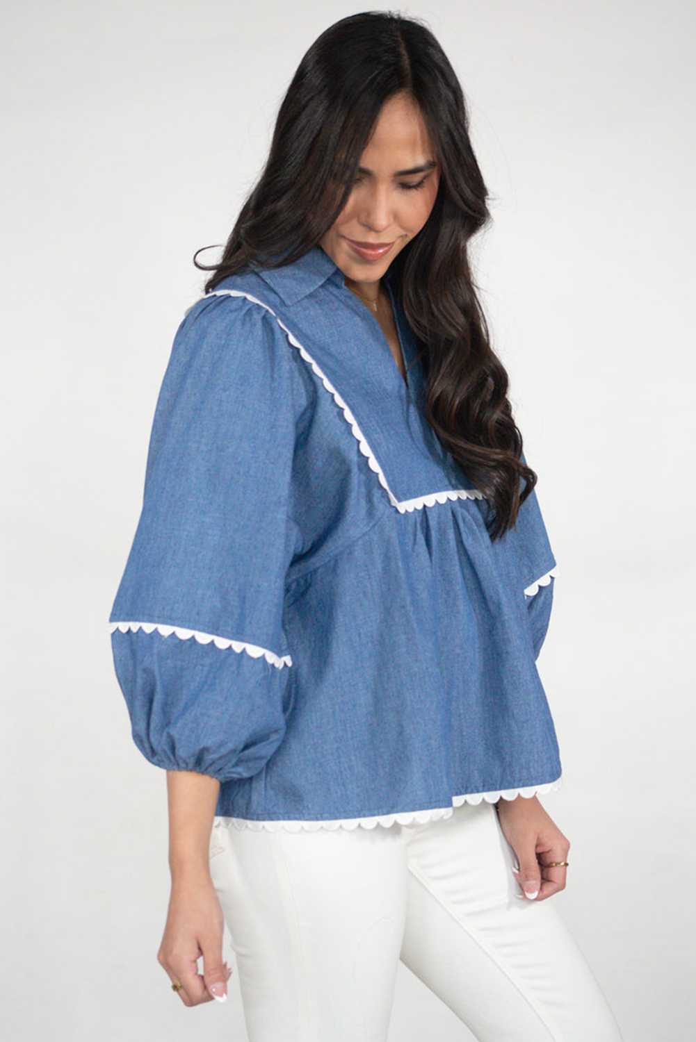 Dusk Blue Lace Ric Rac 3/4 Puff Sleeve Collared Babydoll Blouse