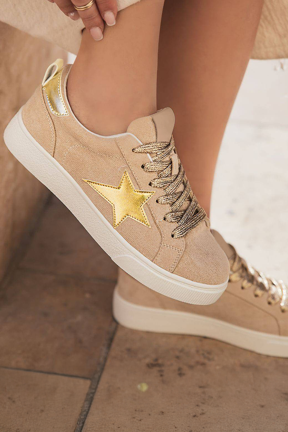 Buckskin Star Glitter Patchwork Lace-up Sneakers