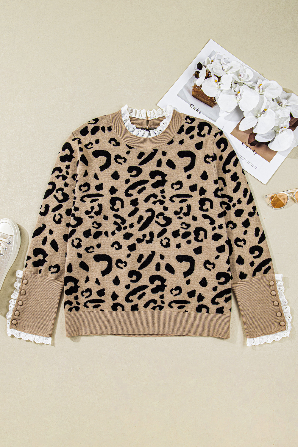 Dearlovers Brown Leopard Pattern Lace Ribbed Detail Button Cuffed Sweater