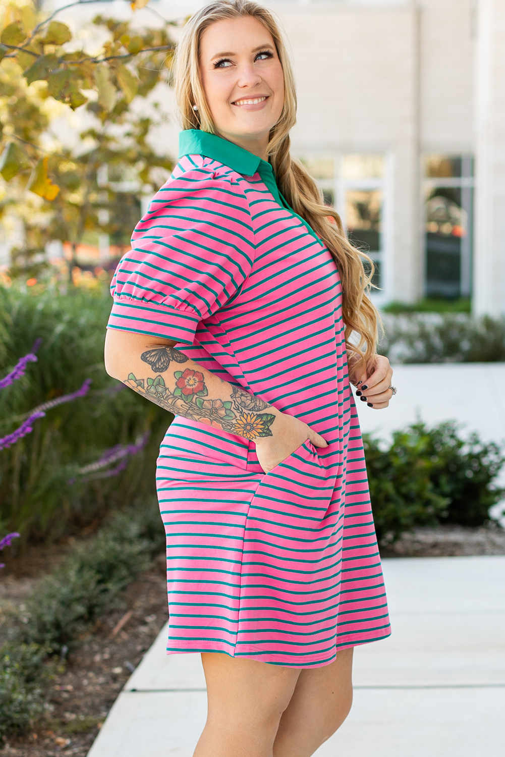 Pink Stripe Collared V Neck Puff Sleeve T Shirt Dress