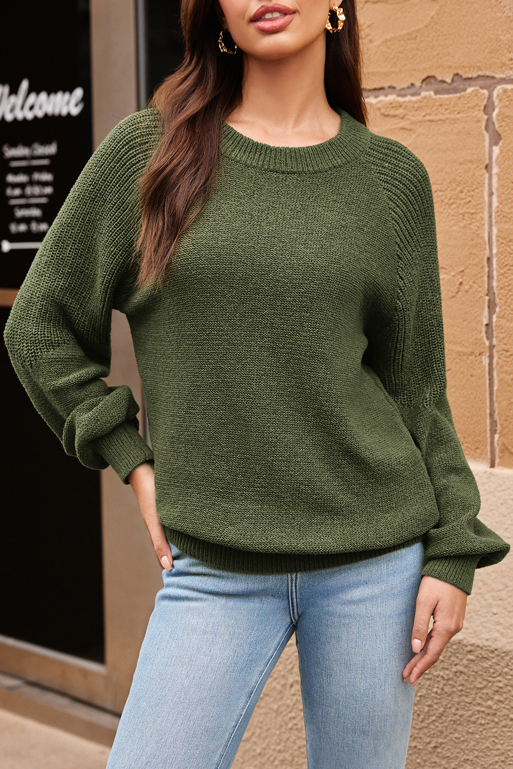 Vineyard Green Chunky Knit Raglan Sleeve Pullover Sweater