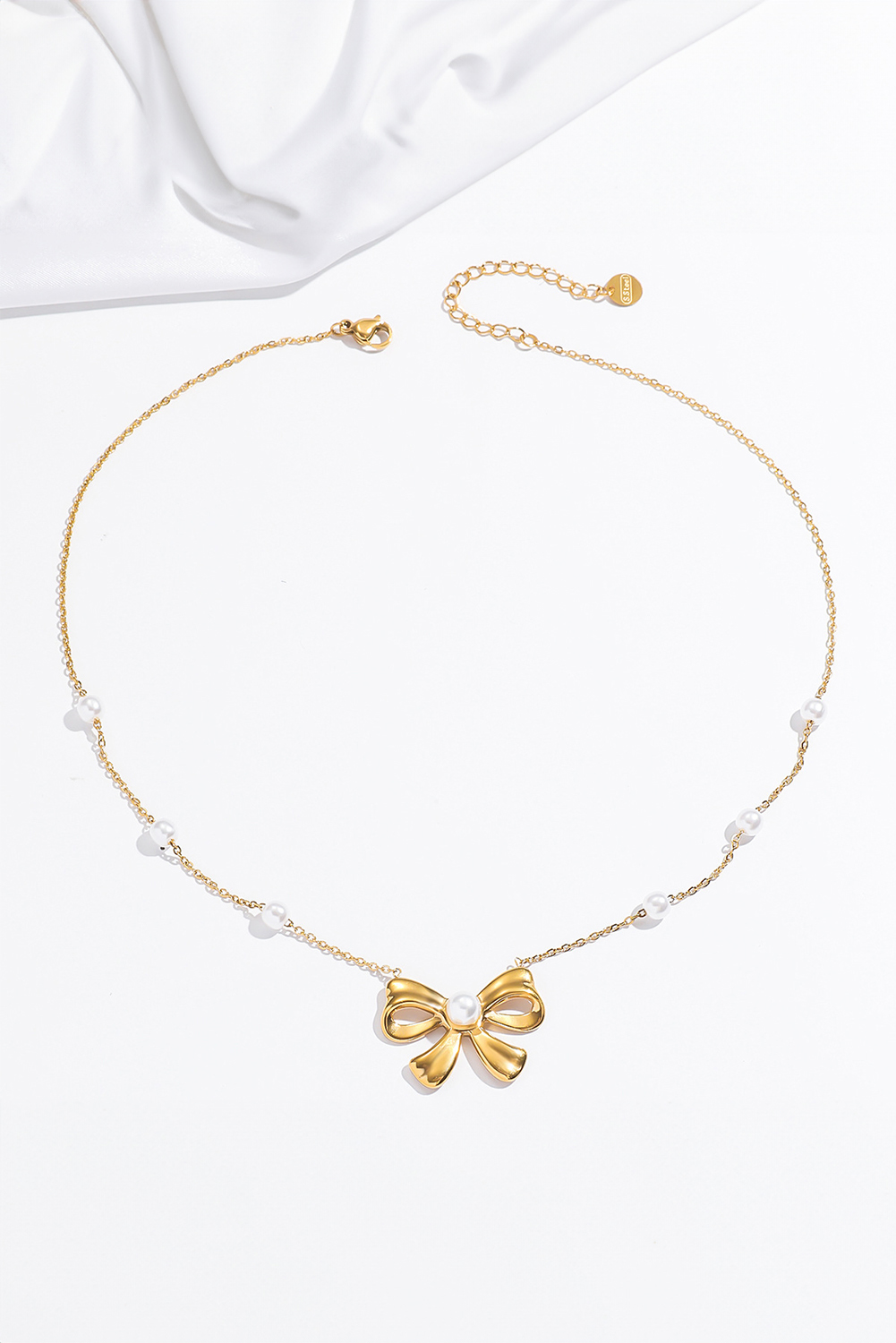 Gold Pearl Decor Plated Bow Knot Pendant Necklace