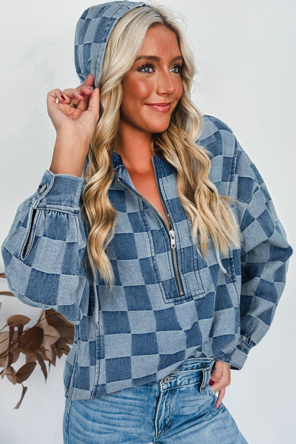 Dark Grey Checkered Denim Wide Leg Jeans
