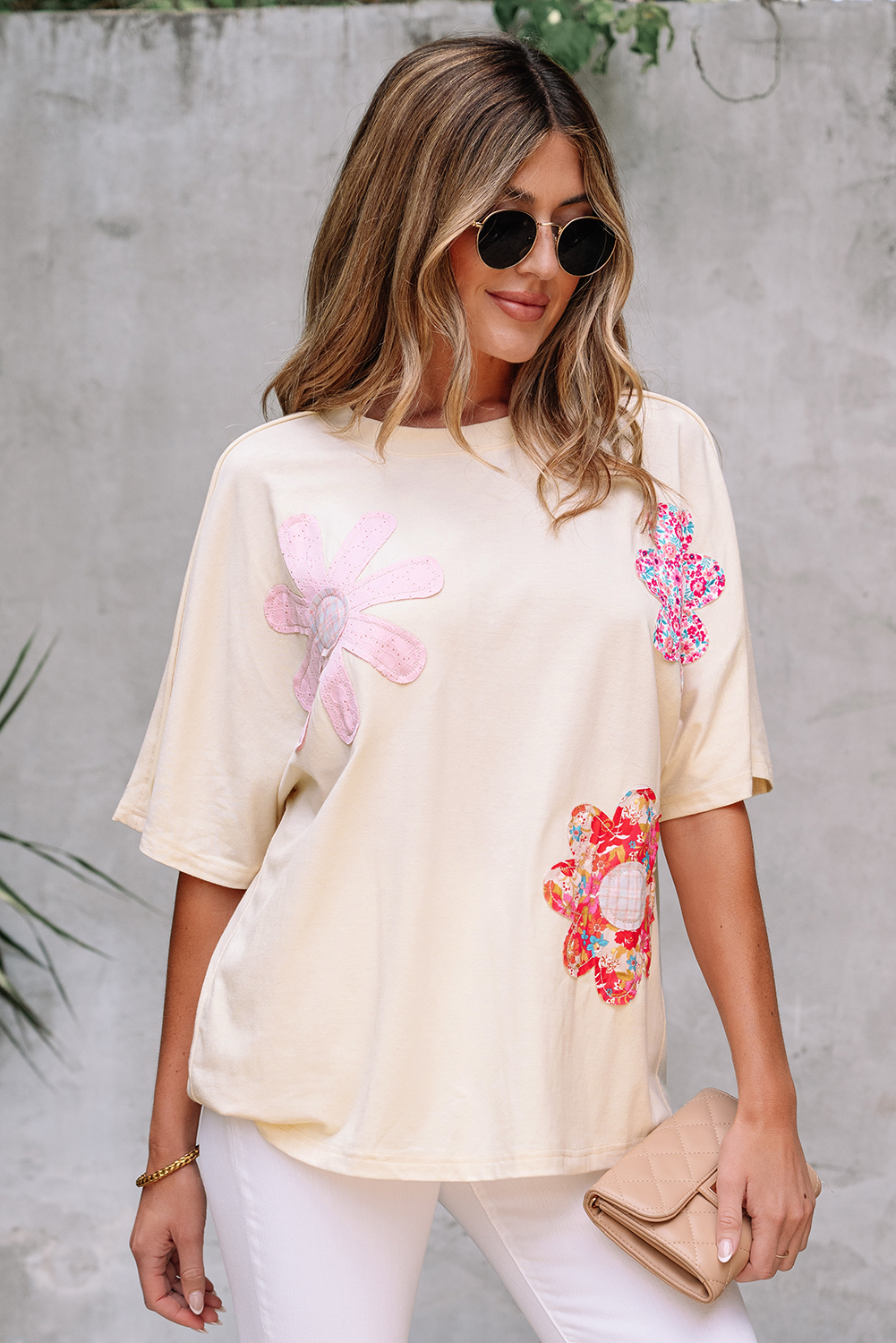 Apricot Flower Patched Exposed Stitching Trim Crew Neck Loose Tee