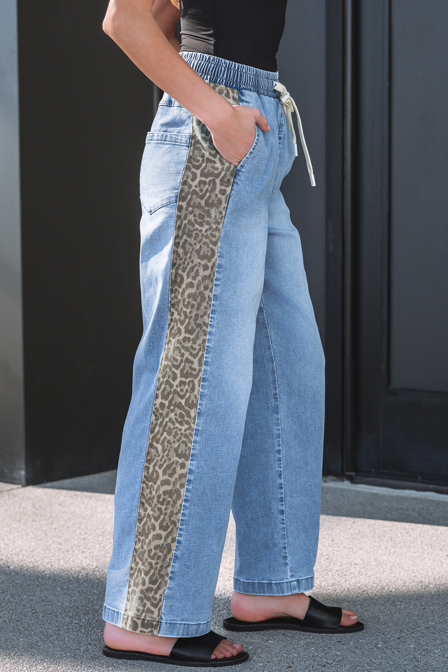 Beau Blue Drawstring Elastic Waist Leopard Striped Side Panel Wide Leg Jeans