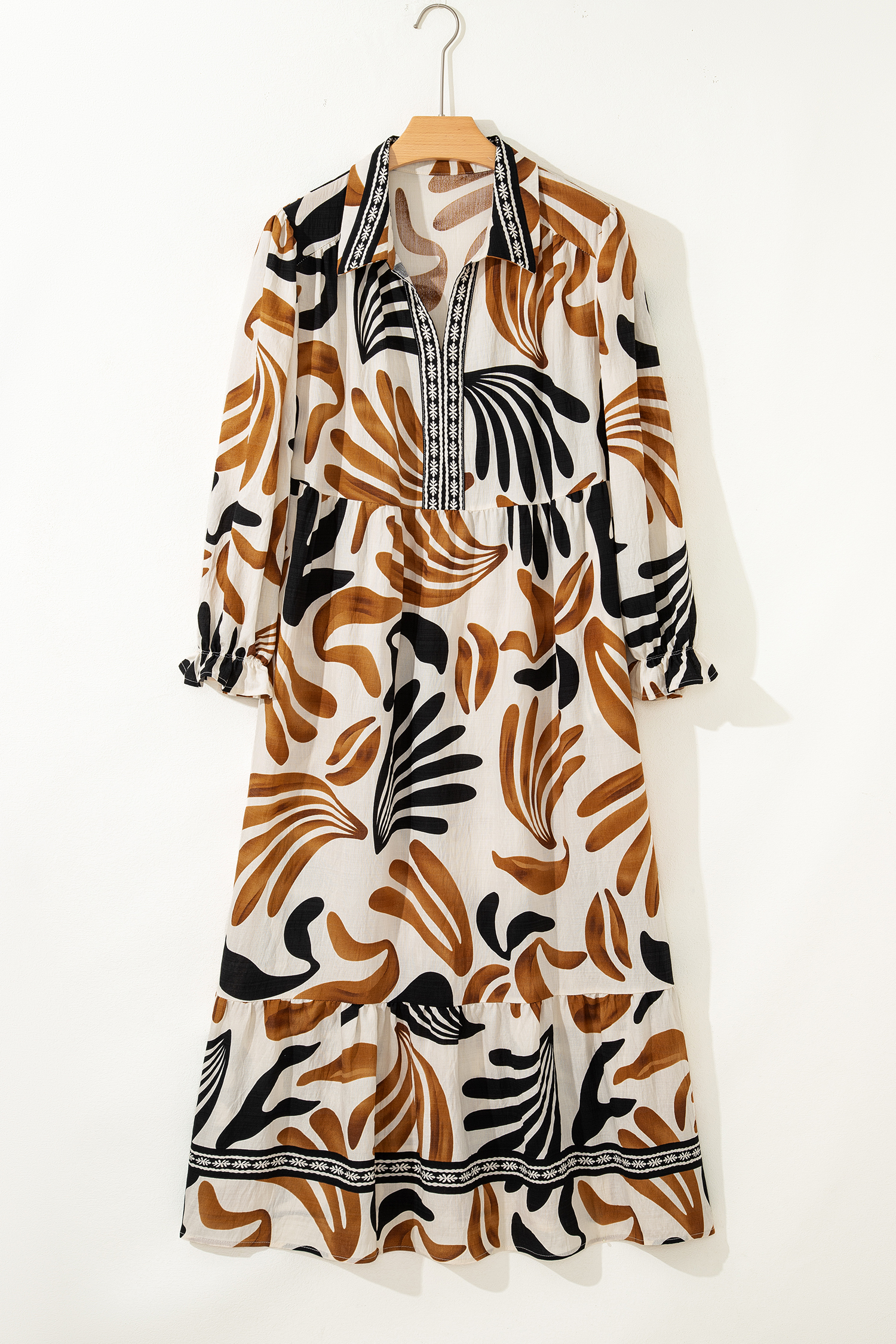 Brown Tropical Printed Contrast Trim Neck Long Sleeve Ruffle Hem Dress