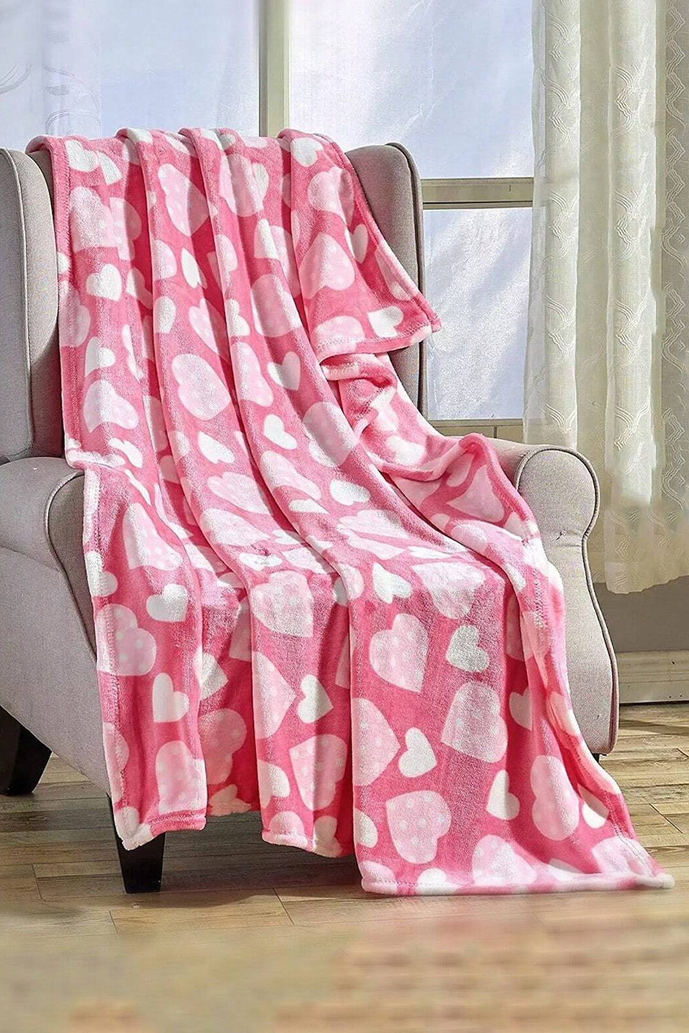 Peach Blossom Valentines Vibe Heart Print Soft Flannel Large Blanket