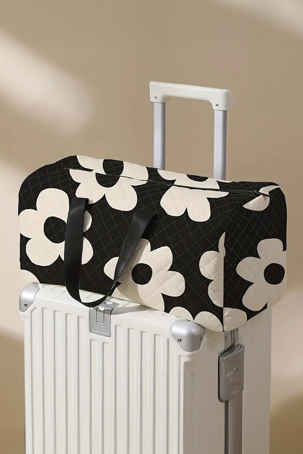 Black Flower Print Quilted Large Duffel Bag