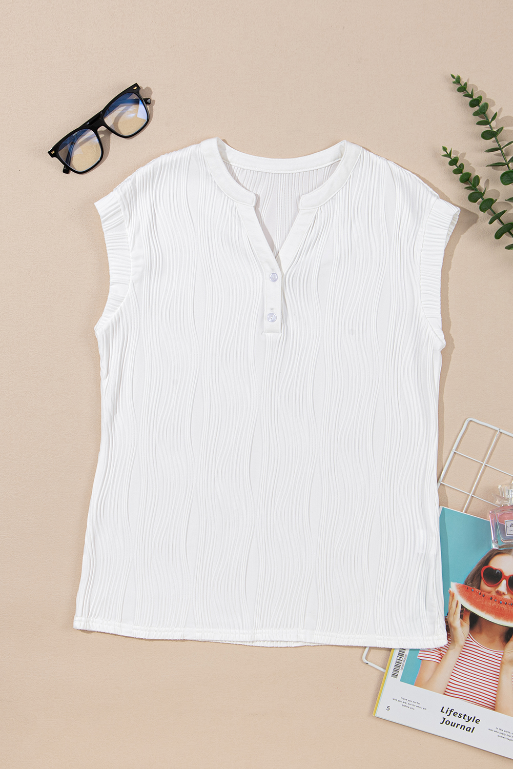 White Wavy Textured Button V Neck Tee