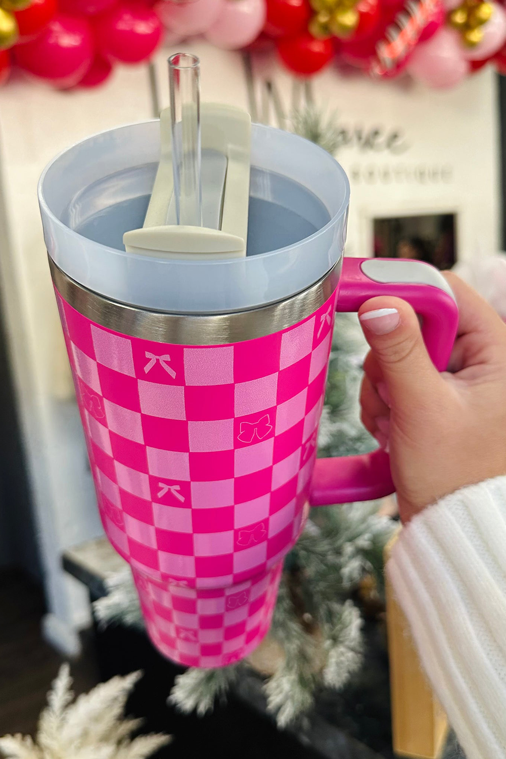 Bright Pink Bow Knot Checkered Print Large Stainless Steel Tumbler