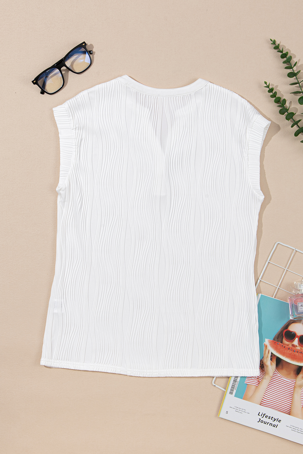 White Wavy Textured Button V Neck Tee