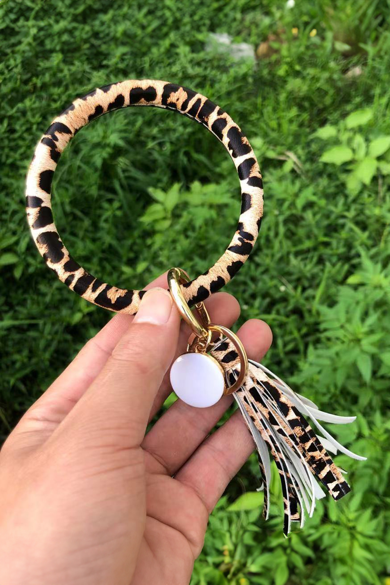 Parchment Leopard PU Leather Tassel Key Chain Bangle Bracelet