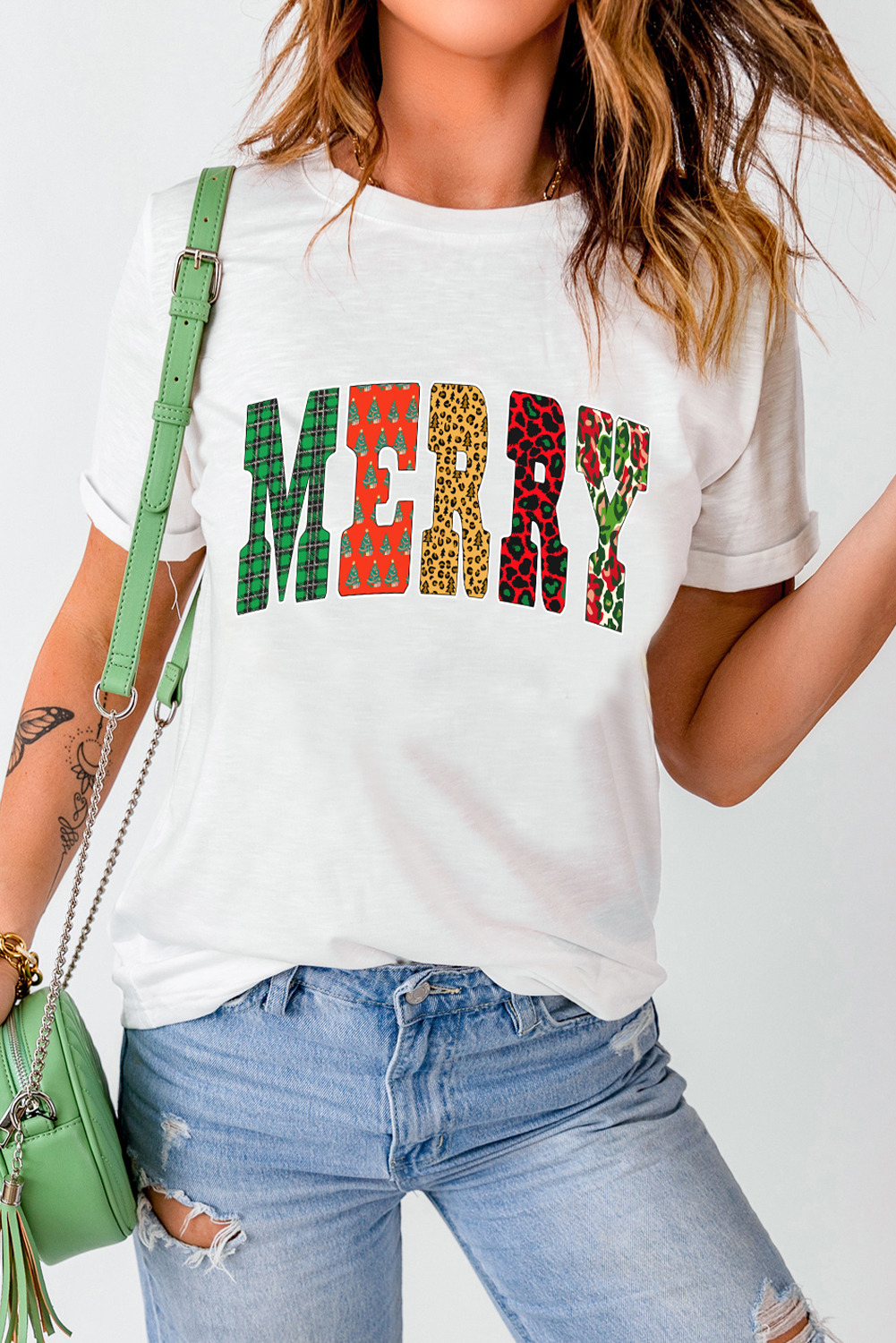 White Leopard Plaid Multi-pattern MERRY Letter Graphic Tee