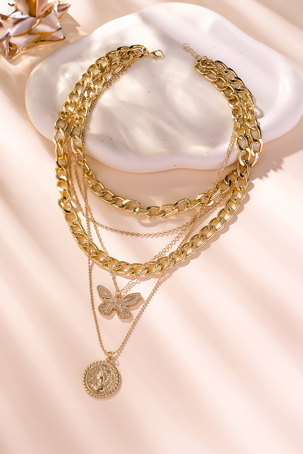 Gold Plated Alloy Multilayer Butterfly Charm Necklace