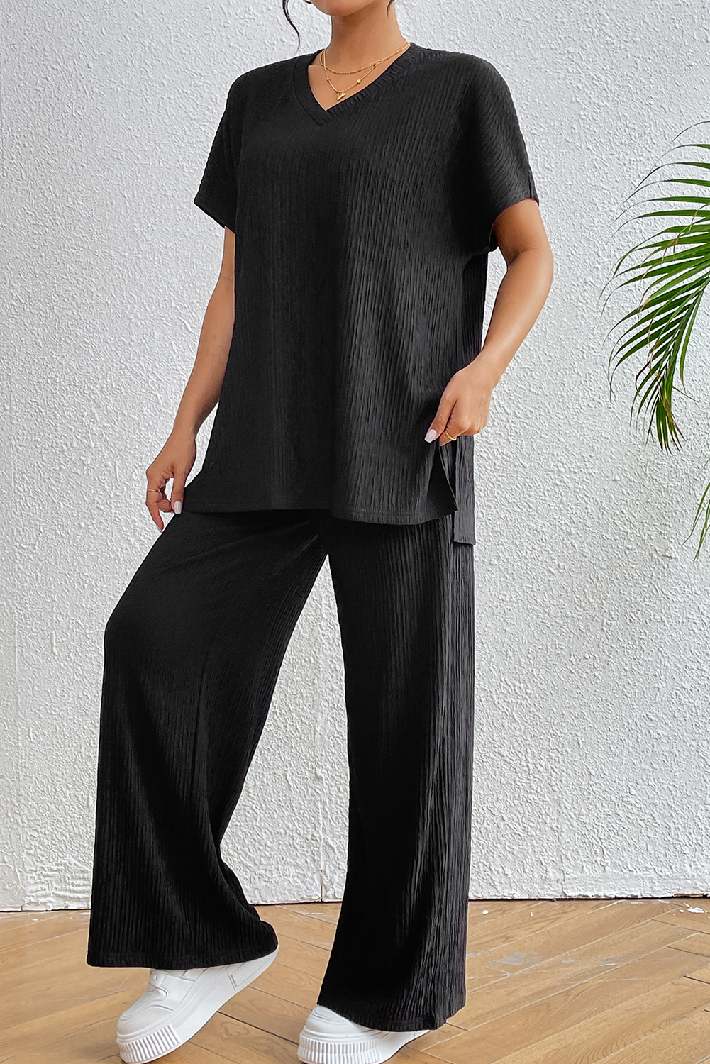 Black Ribbed Texture Side Split Loose Tee and Pants Set