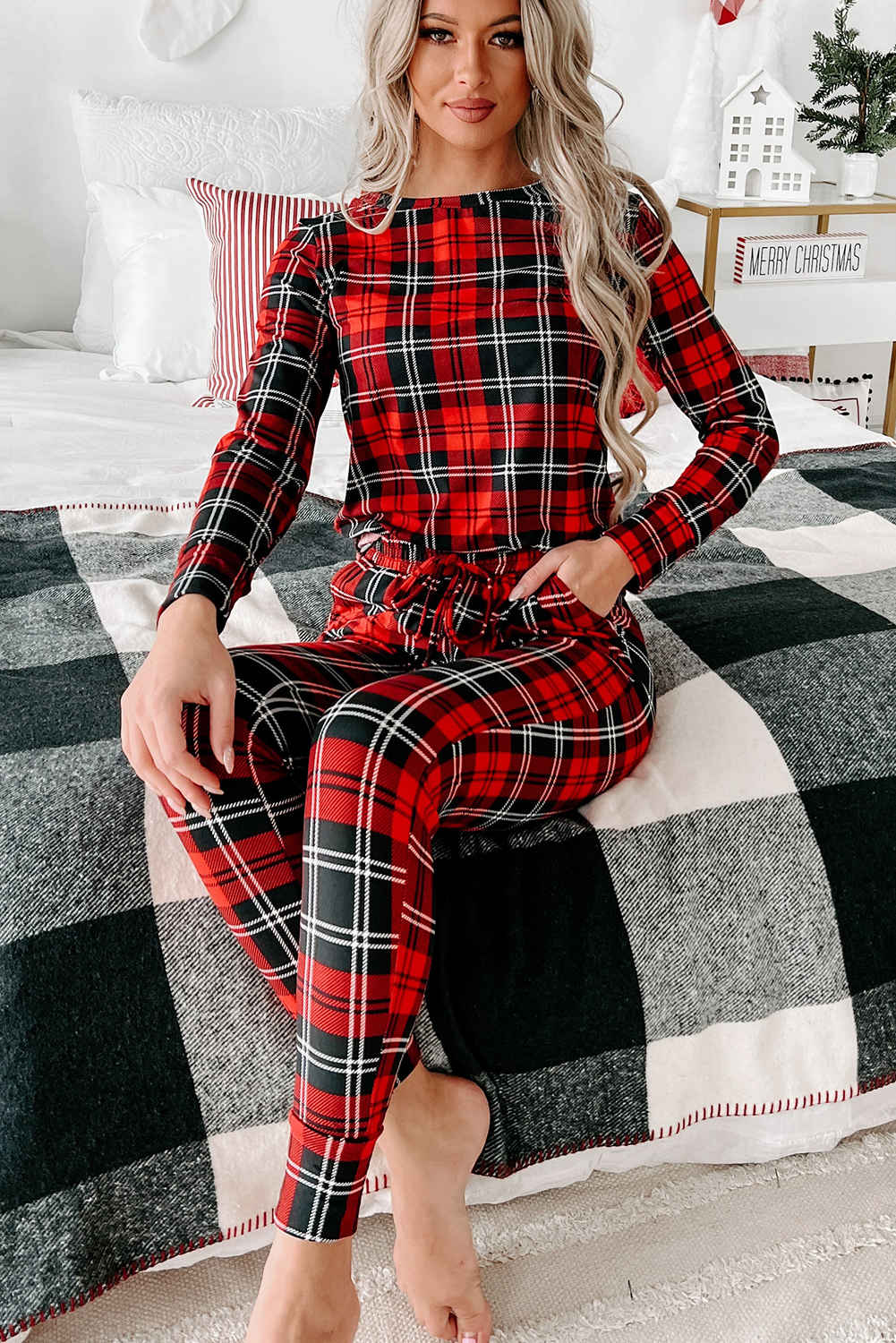 Red Festive Plaid Print Round Neck Long Sleeve and Pants 2 Piece Lounge Set