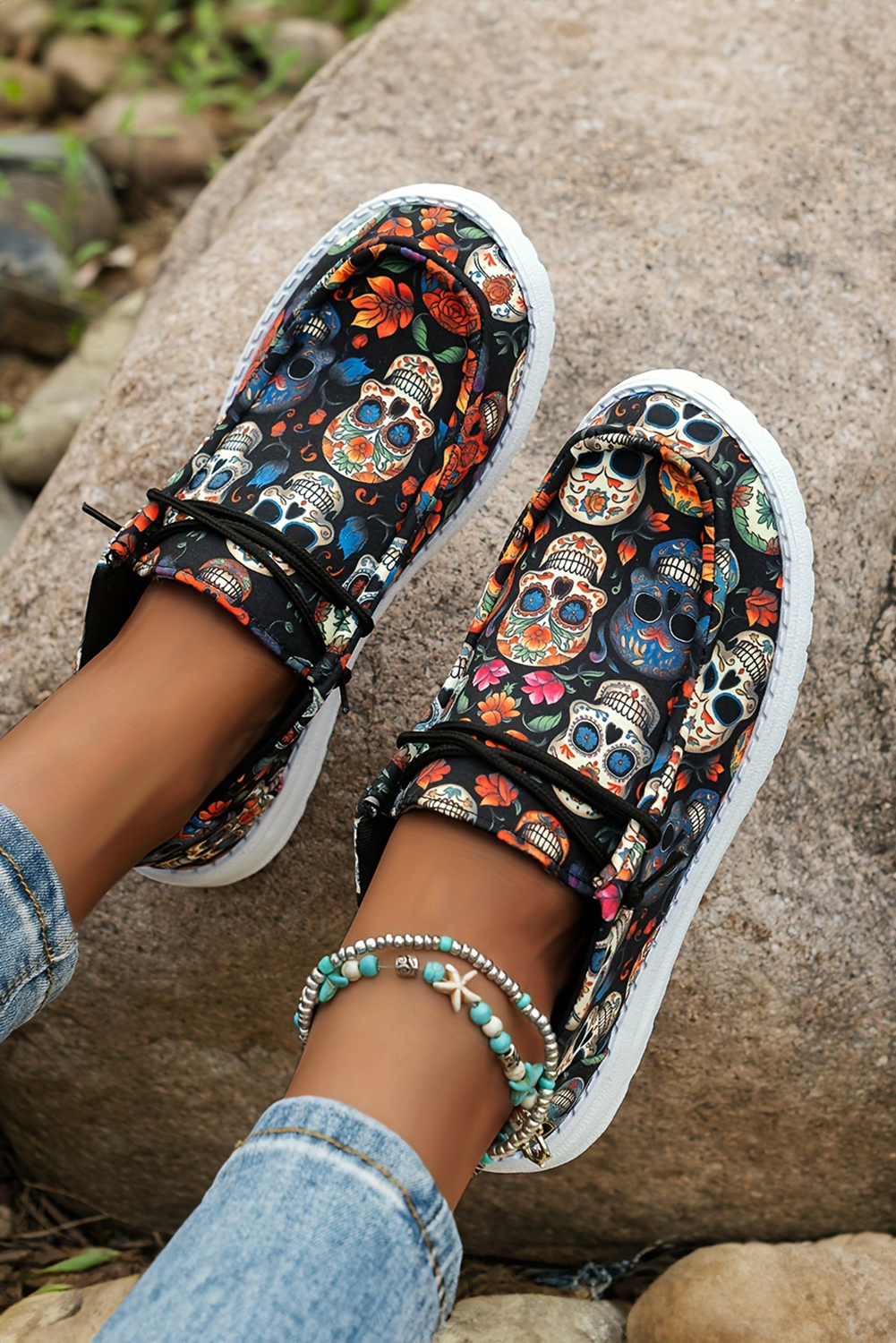 Dark Blue Sugar Skull Print Lace-up Detail Halloween Flat Shoes