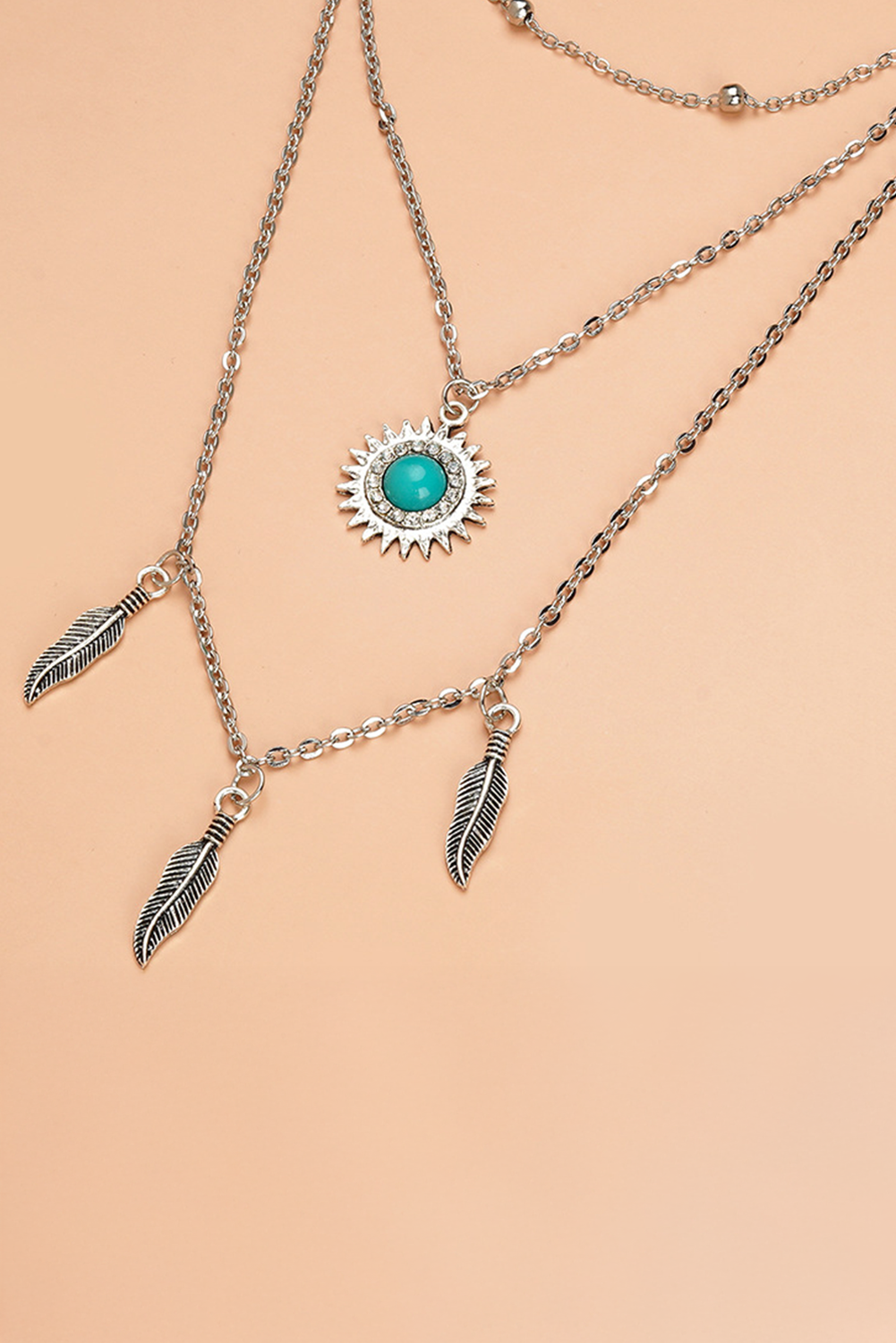 Silvery Boho Turquoise Sun Leaves Multi Layered Necklace